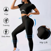 2pcs Sports Set, Short Sleeve Yoga Top & High Waist Running Workout Leggings, Women's Activewear