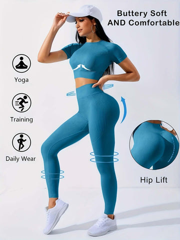 2pcs Sports Set, Short Sleeve Yoga Top & High Waist Running Workout Leggings, Women's Activewear