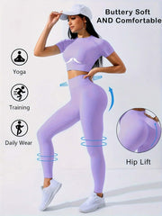 2pcs Sports Set, Short Sleeve Yoga Top & High Waist Running Workout Leggings, Women's Activewear