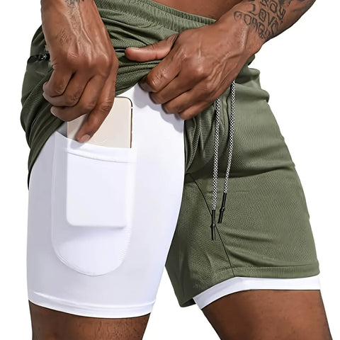 Men's 2 In 1 Summer Outdoor Sports Drawstring Shorts, Athletic Style Secure Phone Pocket Design With Reflective Layer, Quick-Dry Breathable Fabric, , Gym/Running/Training Wear