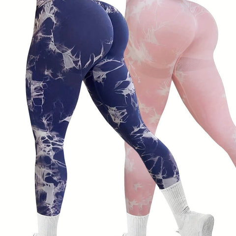 Women's 2-Pack Seamless Tie-Dye High Stretch Sports Yoga Leggings, Athletic Workout Pants, Comfort Fit Activewear for Gym & Home Exercise