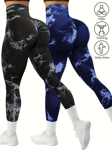 Women's 2-Pack Seamless Tie-Dye High Stretch Sports Yoga Leggings, Athletic Workout Pants, Comfort Fit Activewear for Gym & Home Exercise