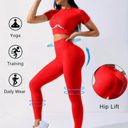 2pcs Sports Set, Short Sleeve Yoga Top & High Waist Running Workout Leggings, Women's Activewear