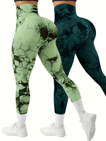 Women's 2-Pack Seamless Tie-Dye High Stretch Sports Yoga Leggings, Athletic Workout Pants, Comfort Fit Activewear for Gym & Home Exercise