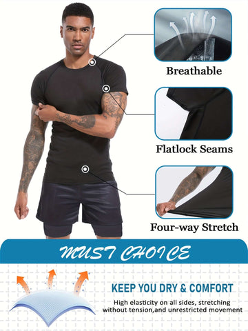 Two-piece Set of Men's Tight-fitting Sports Short-sleeved T-shirts with Wing Print for Summer Casual Sports