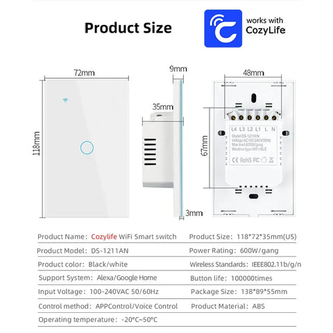 Cozylife WiFi Smart Switch US Brazil Light Wall Touch Switch Need Neutral Wire Smart Life Work with Alexa Google Home 1/2/3 Gang