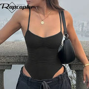 Rapcopter Solid Folds Bodycon Backless Spaghetti Strap Black Basic Slim Bodysuits Women Streetwear Rompers Korean Clothes New