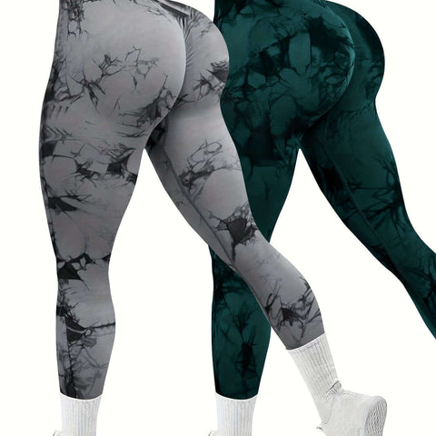 Women's 2-Pack Seamless Tie-Dye High Stretch Sports Yoga Leggings, Athletic Workout Pants, Comfort Fit Activewear for Gym & Home Exercise