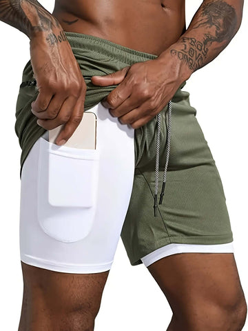 Men's 2 In 1 Summer Outdoor Sports Drawstring Shorts, Athletic Style Secure Phone Pocket Design With Reflective Layer, Quick-Dry Breathable Fabric, , Gym/Running/Training Wear