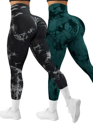 Women's 2-Pack Seamless Tie-Dye High Stretch Sports Yoga Leggings, Athletic Workout Pants, Comfort Fit Activewear for Gym & Home Exercise