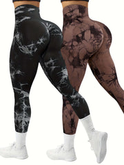 Women's 2-Pack Seamless Tie-Dye High Stretch Sports Yoga Leggings, Athletic Workout Pants, Comfort Fit Activewear for Gym & Home Exercise