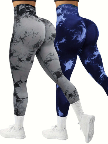 Women's 2-Pack Seamless Tie-Dye High Stretch Sports Yoga Leggings, Athletic Workout Pants, Comfort Fit Activewear for Gym & Home Exercise