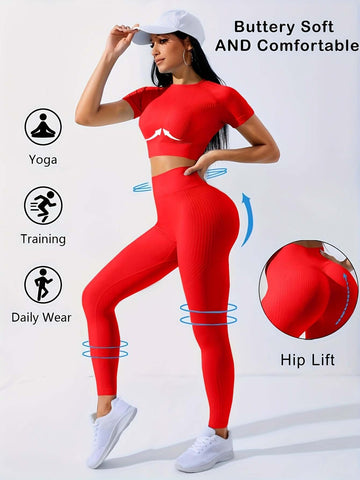 2pcs Sports Set, Short Sleeve Yoga Top & High Waist Running Workout Leggings, Women's Activewear