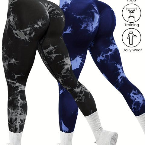 Women's 2-Pack Seamless Tie-Dye High Stretch Sports Yoga Leggings, Athletic Workout Pants, Comfort Fit Activewear for Gym & Home Exercise